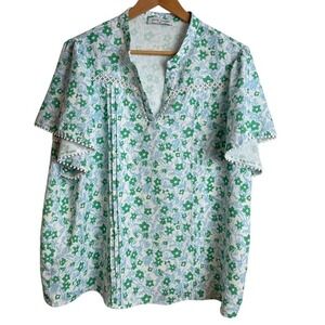 Kate Kasin Women Floral Flutter Sleeve‎ Blouse 2XL Green Blue Boho Pleated Top